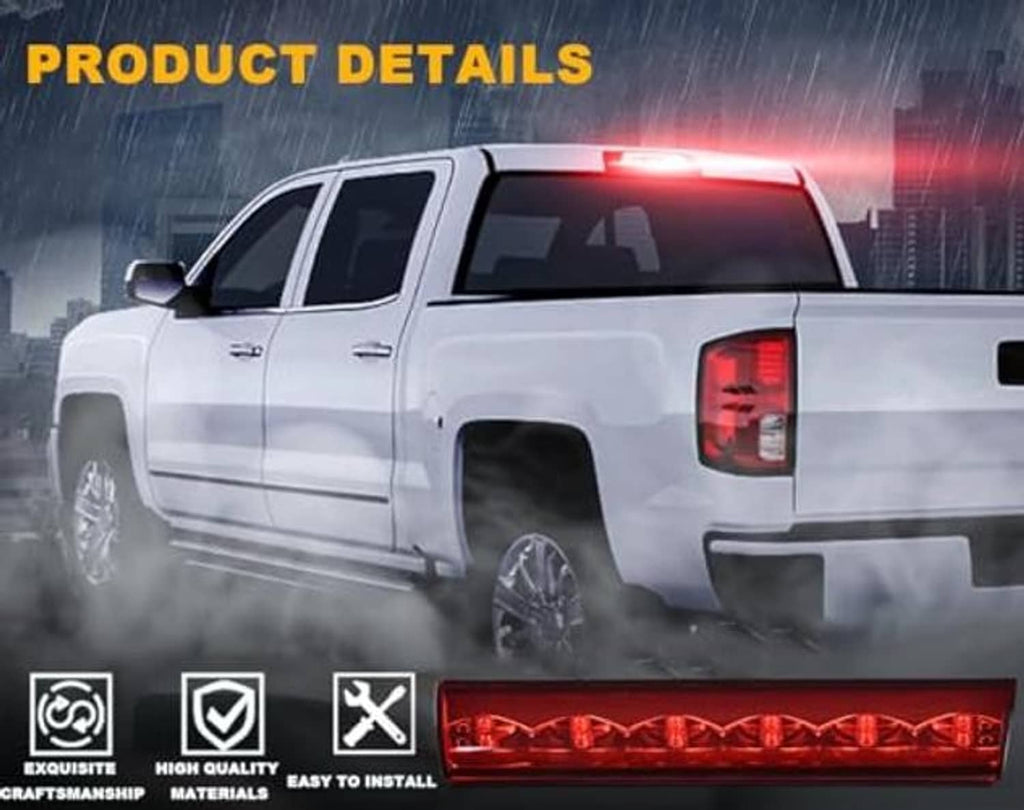 LED 3rd brake light bar detail on truck rear, red light with housing
