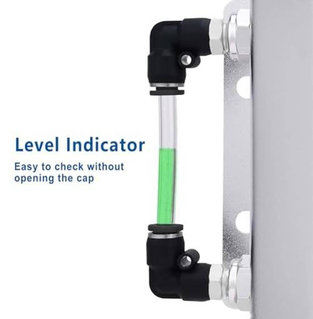 Silver coolant expansion tank with level indicator sight tube and black valve fitting