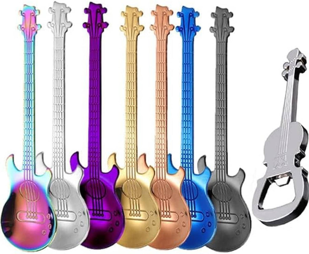 Guitar-shaped coffee spoons in metallic rainbow colors, with matching bottle opener