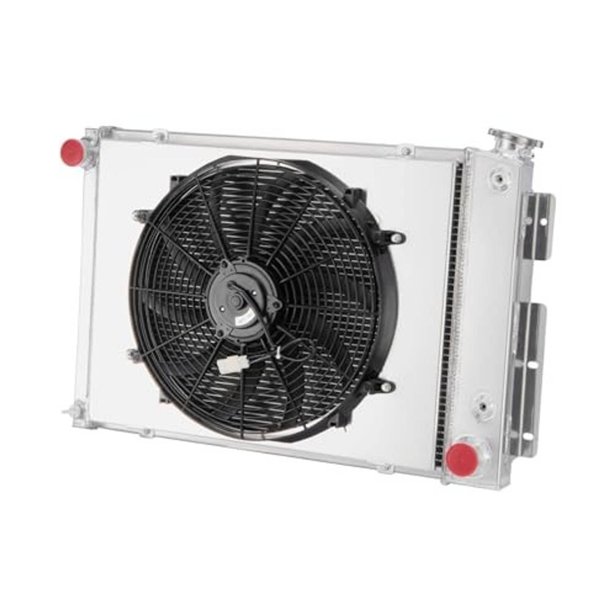 3-row radiator fan shroud with black fan and silver frame, angled side view