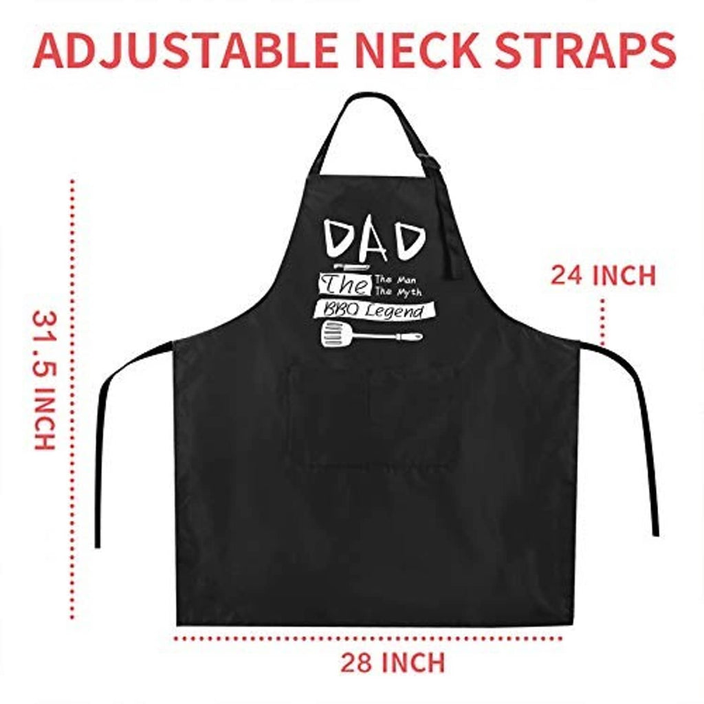 Black apron with adjustable neck straps and size measurements