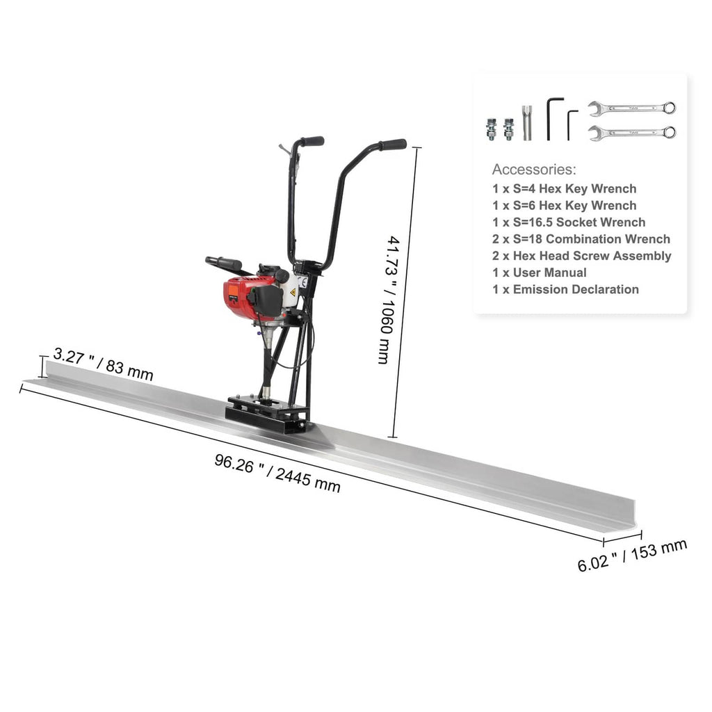 Gas concrete screed power float with 8 ft blade board, handles, and red engine