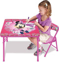Minnie Mouse themed toddler activity table with pink frame and matching padded chair