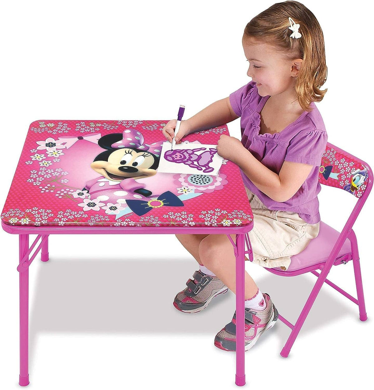Minnie Mouse themed toddler activity table with pink frame and matching padded chair