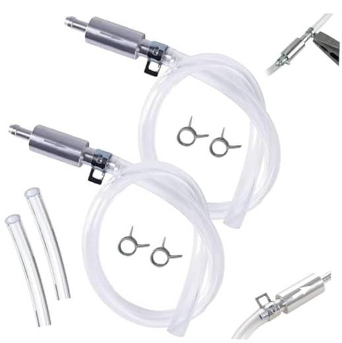 Complete brake bleeder hose kit with clear tubing, two check valves, and clips