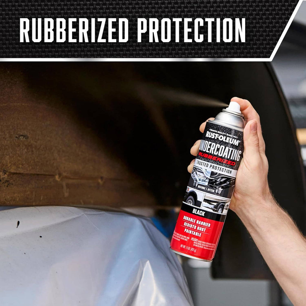 Rust-Oleum rubberized undercoating spray can held in hand, black finish.