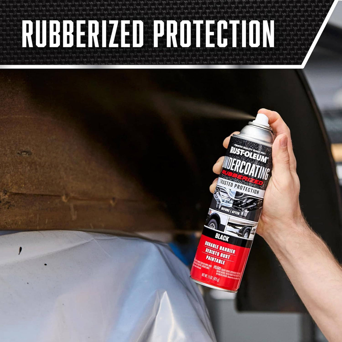 Rust-Oleum rubberized undercoating spray can held in hand, black finish.