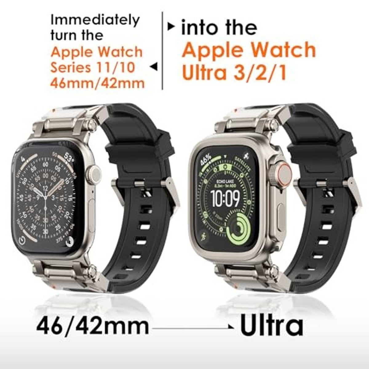 Titanium-tone metal watch case with black strap and orange crown-side button
