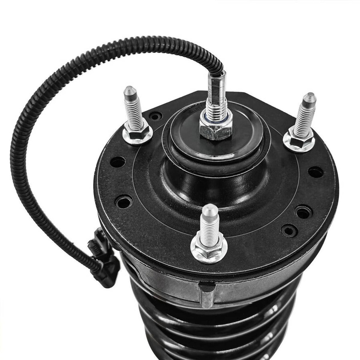 Shock strut top mount plate with rubber bushing and metal bolts