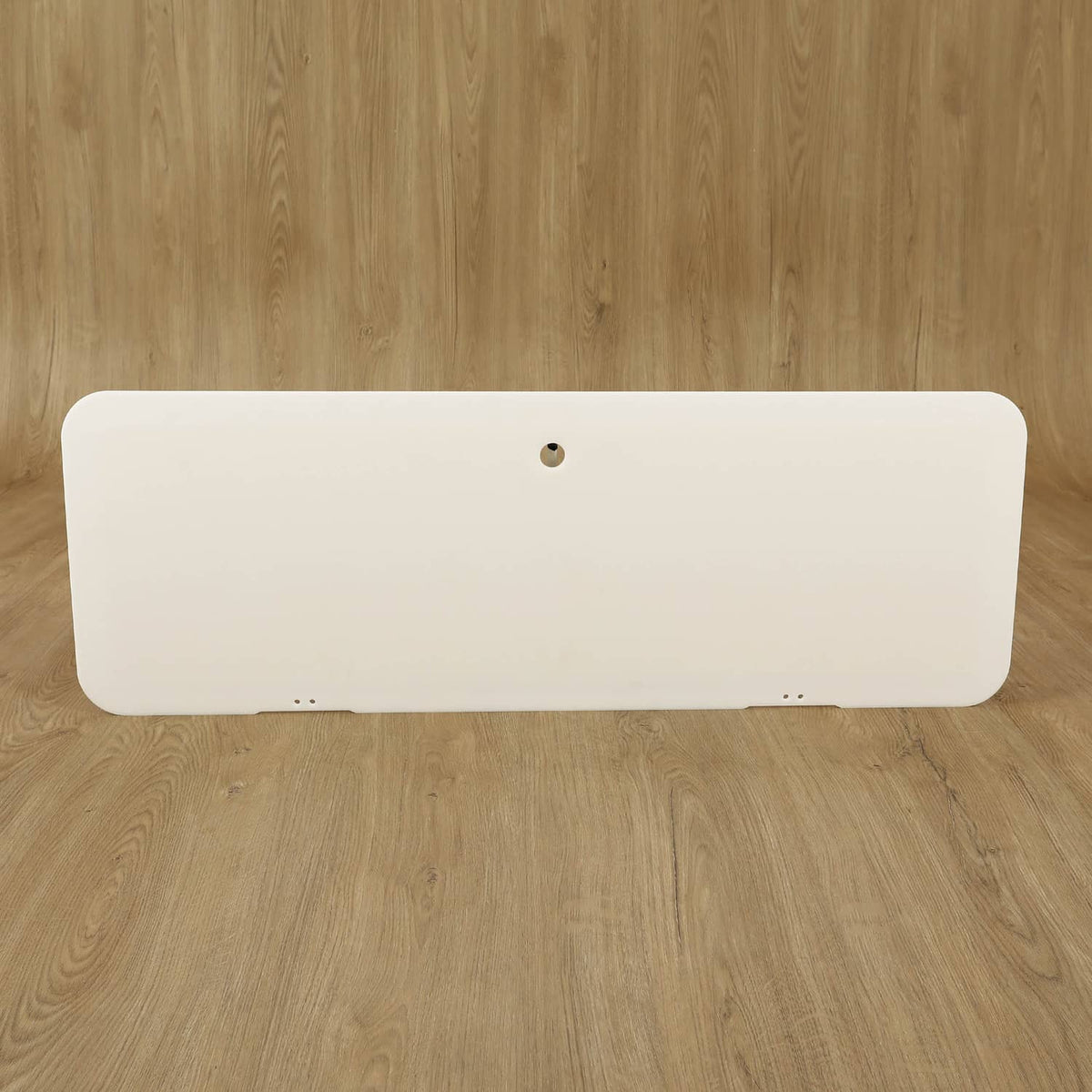 Boat locker door cover lid, white rectangular cover with center hole and predrilled screw points
