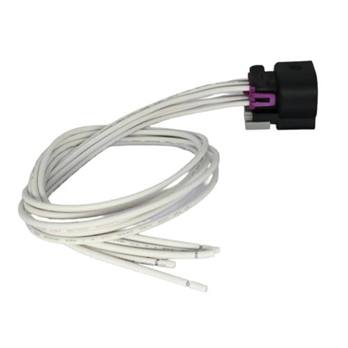 Throttle position sensor wiring pigtail with black connector housing and white wire leads