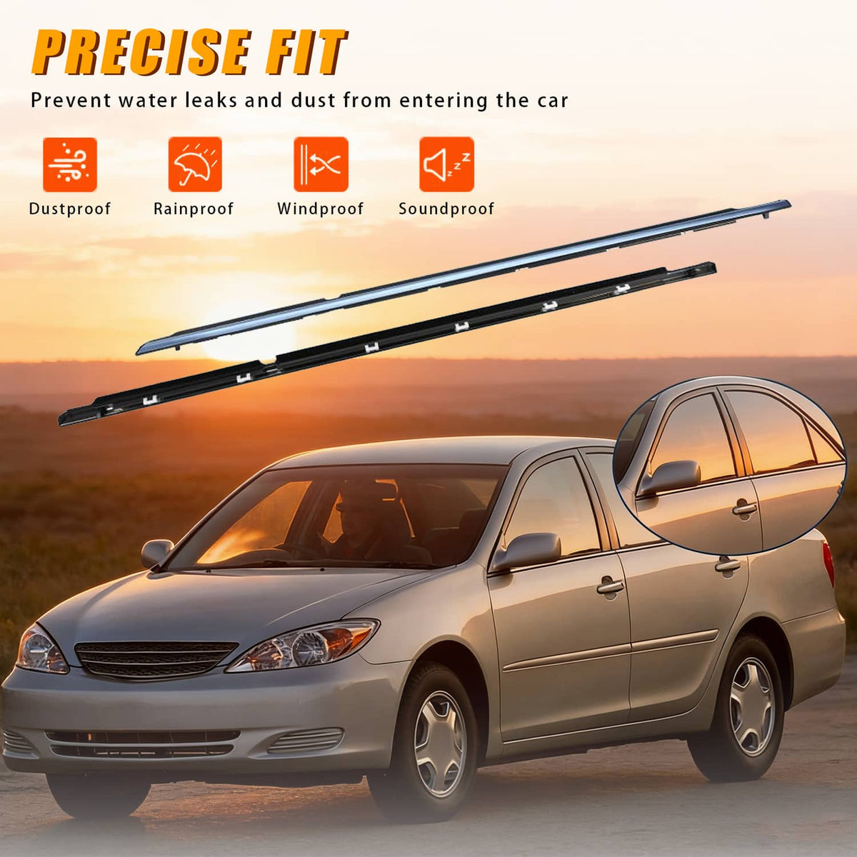 Window molding trim weather strips for car windows, two long black bars with clips