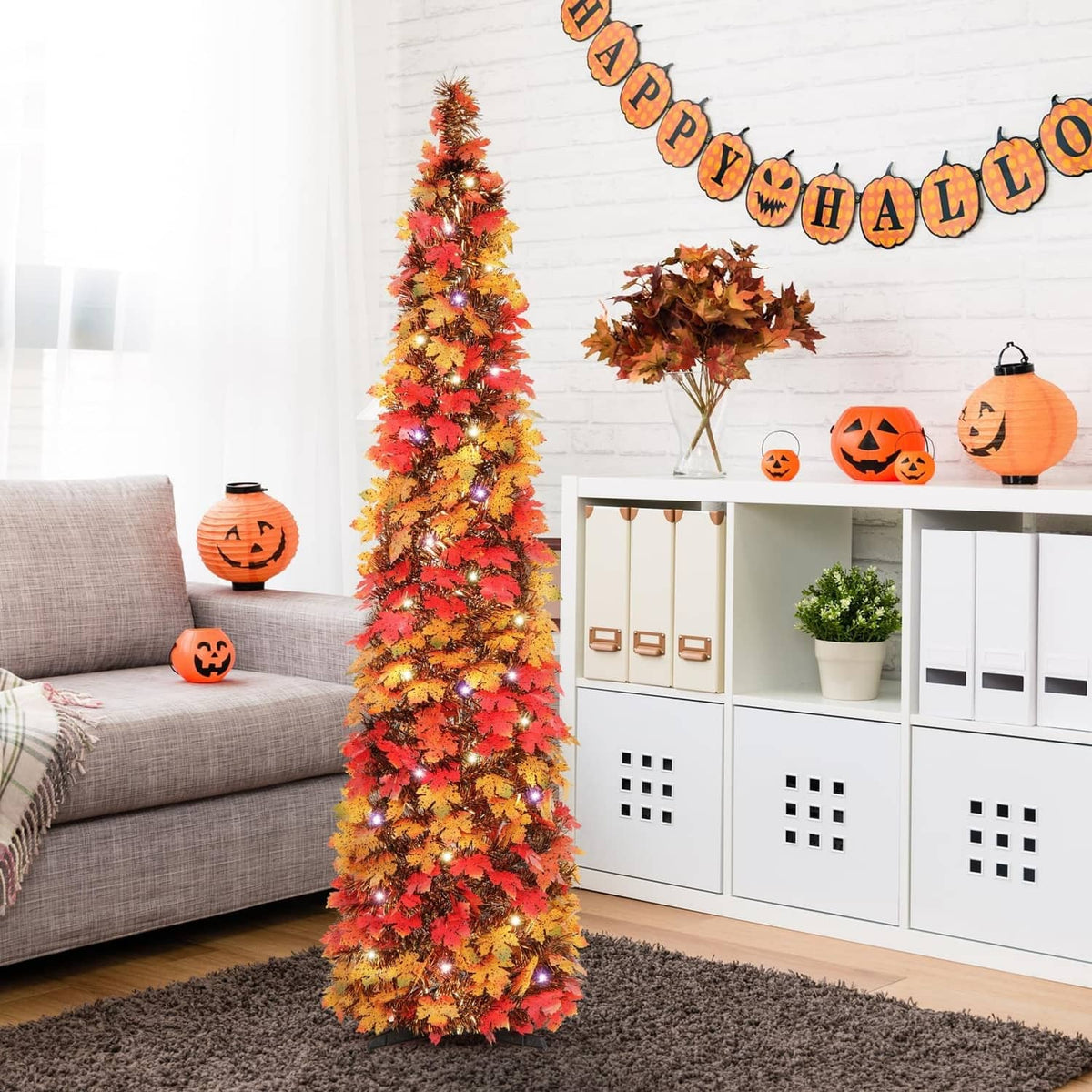 5ft fall decorative lighted tree with multicolor leaves