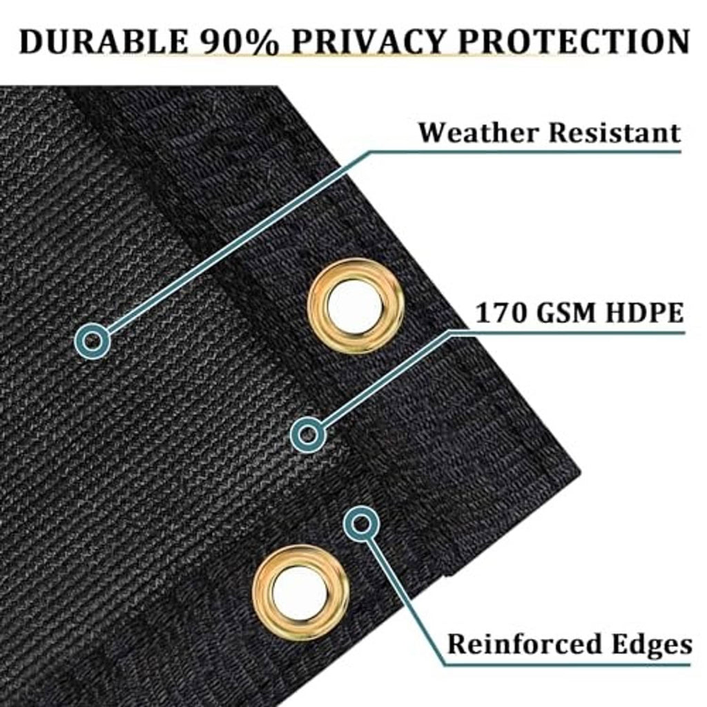 Black HDPE fence privacy screen fabric close-up with reinforced eyelets and ties.