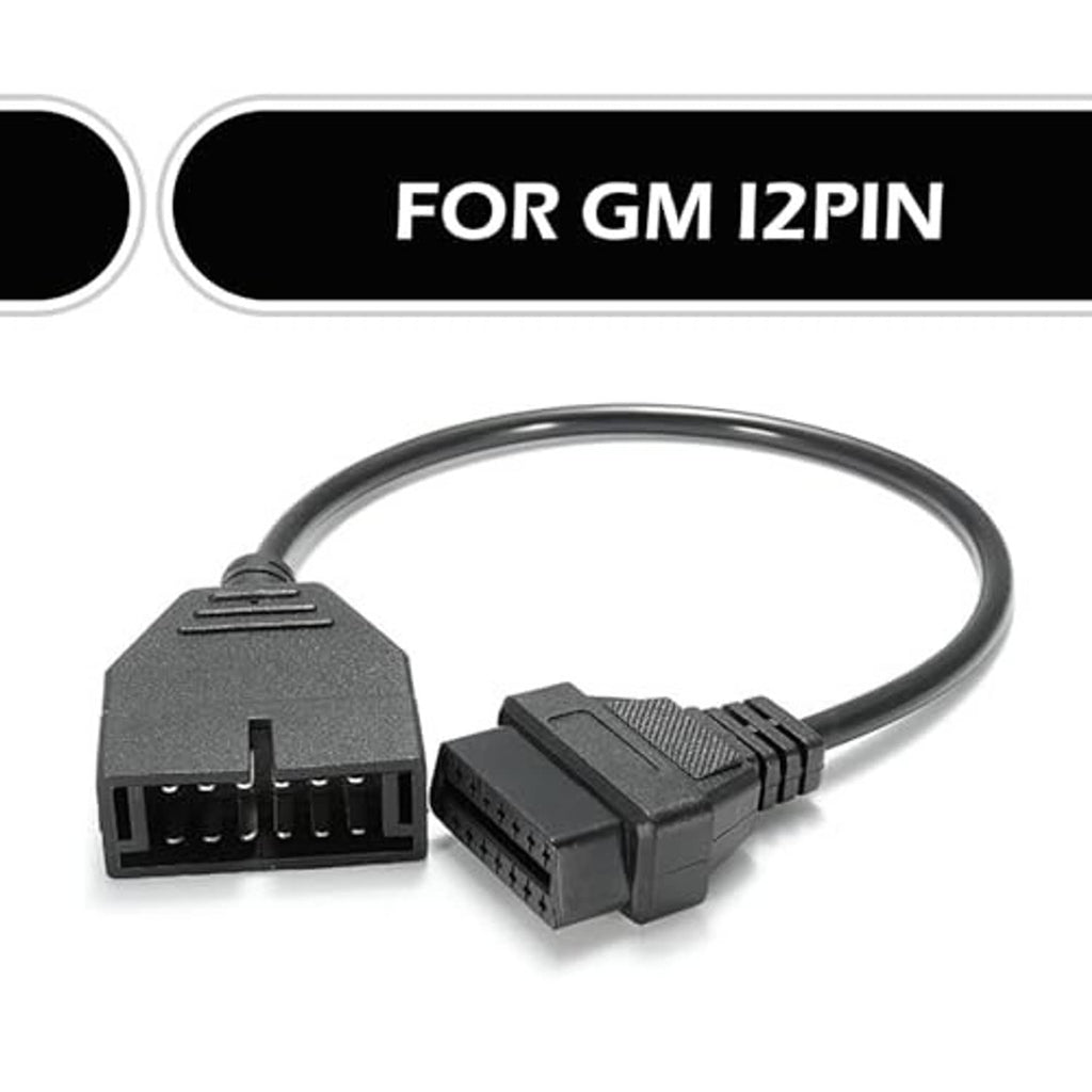 OBD adapter cable with black 12-pin and 16-pin plugs connected by arched cord