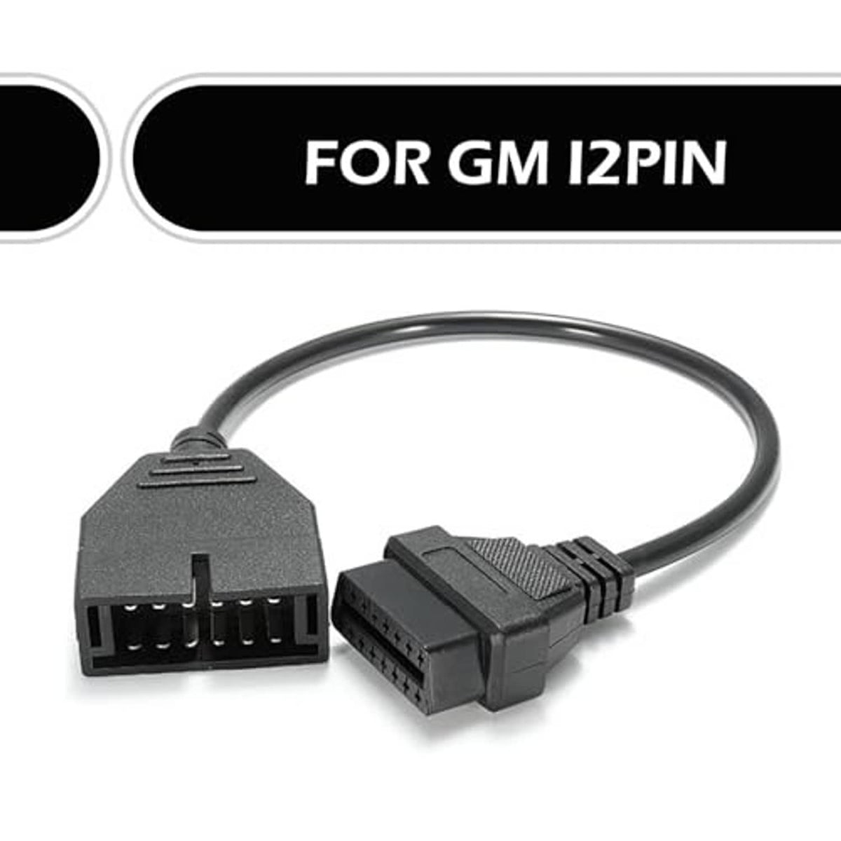 OBD adapter cable with black 12-pin and 16-pin plugs connected by arched cord