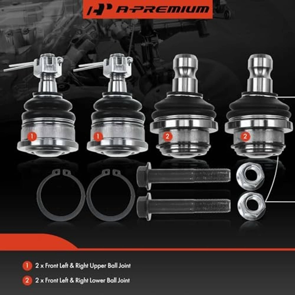 Ball joint kit components with black boots, metal joints, and mounting hardware pieces