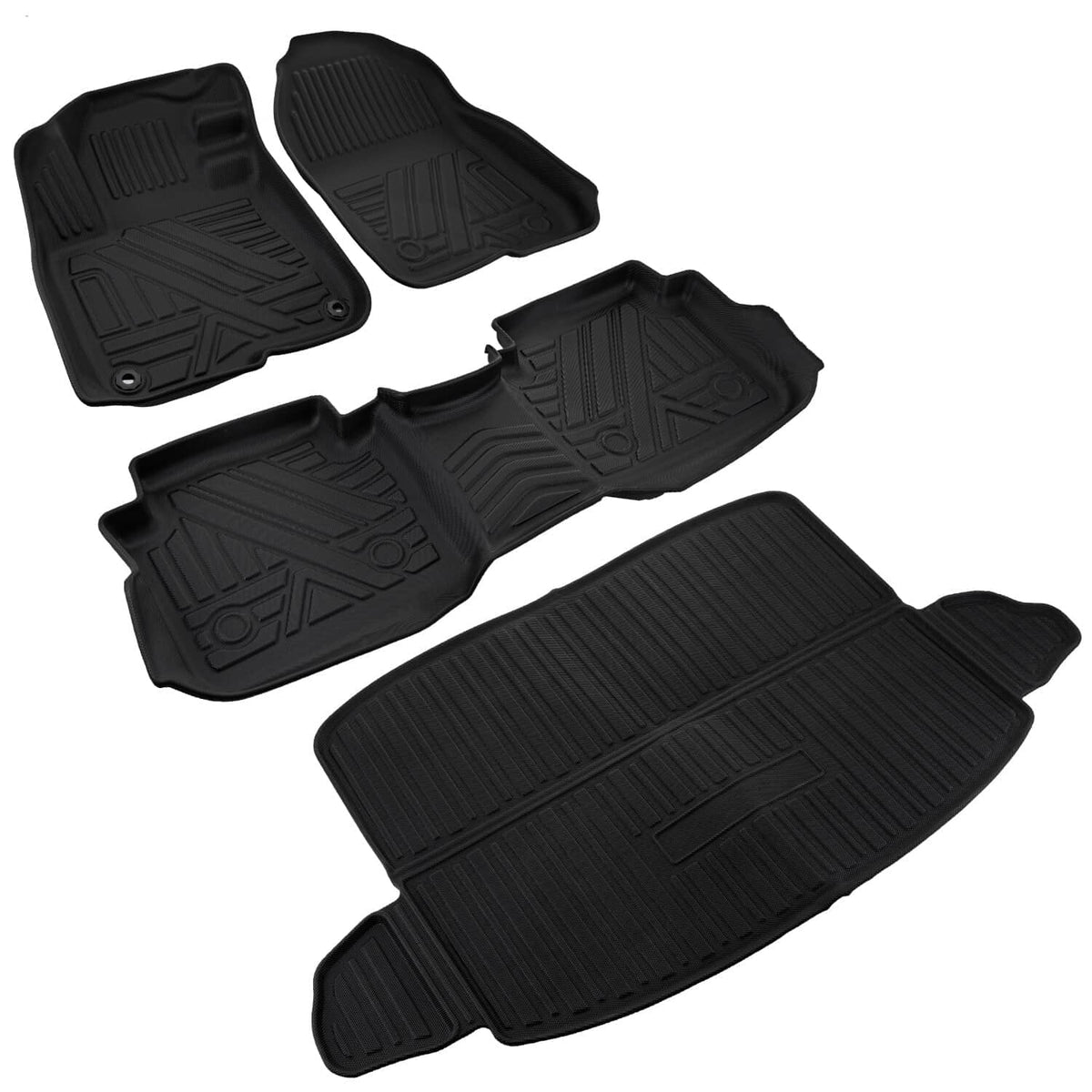 Black all-season floor mats set with four pieces, front and rear sections visible