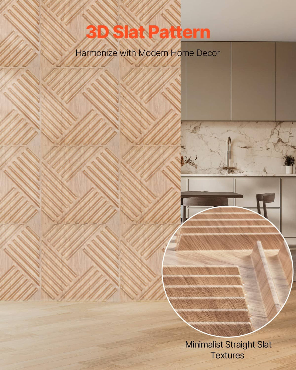 Light wood 3D slat wall panels installed on a wall, creating a raised pattern.