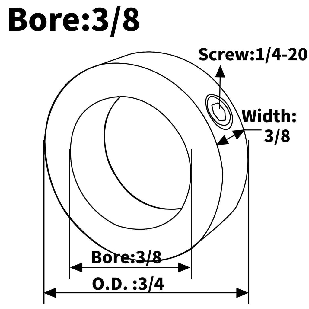 Shaft collar dimension diagram: 3/8 bore, 3/4 O.D., 3/8 width, 1/4-20 screw