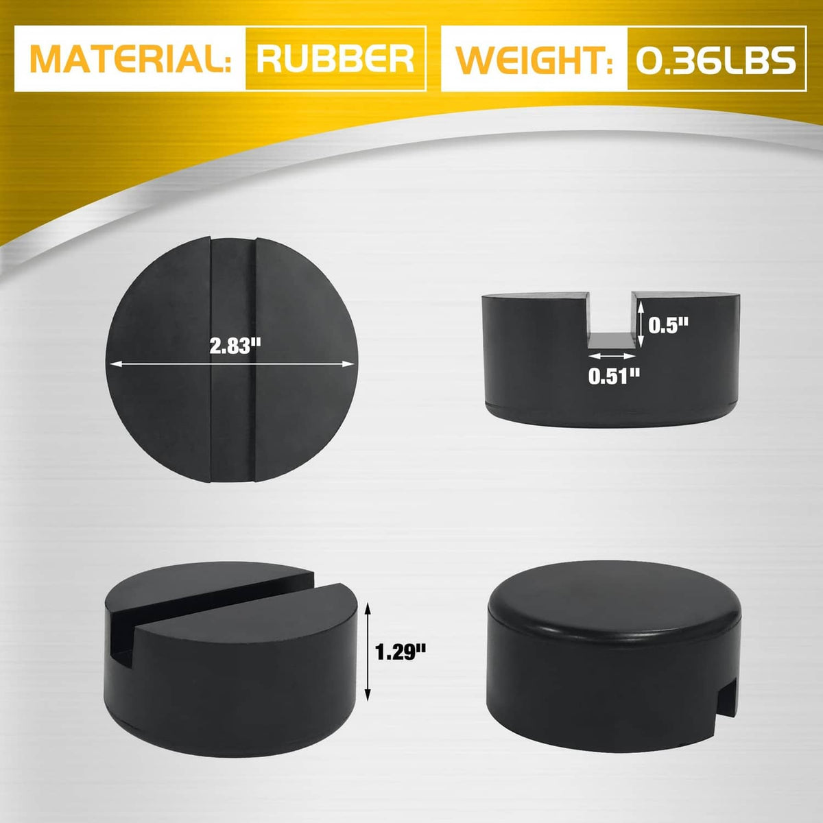Black rubber jack pad set with semicircle profile and U-shaped channel for rails