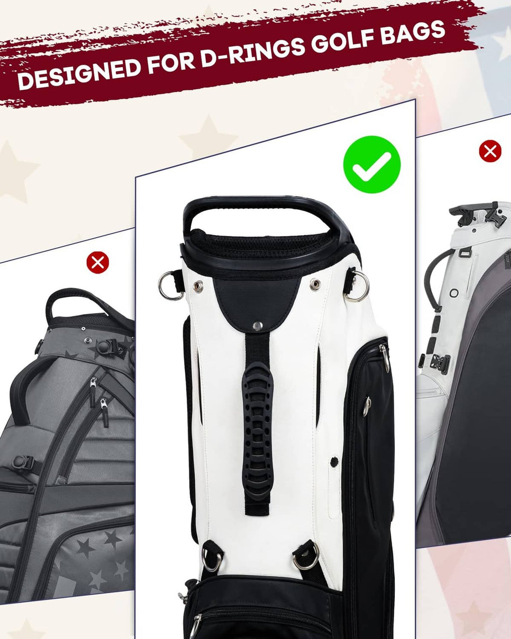 Black golf bag strap with USA flag patch and D-ring attachment points