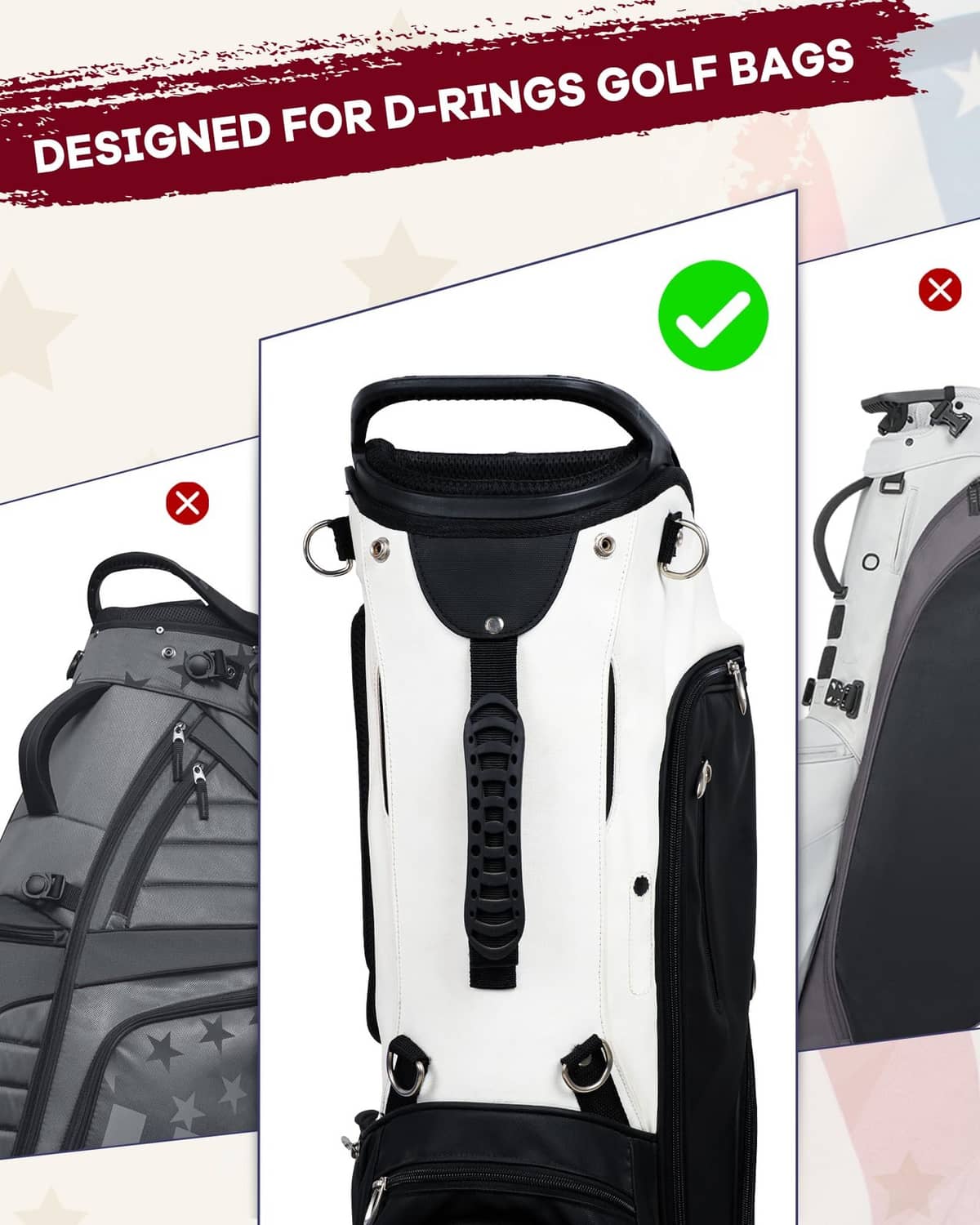 Black golf bag strap with USA flag patch and D-ring attachment points