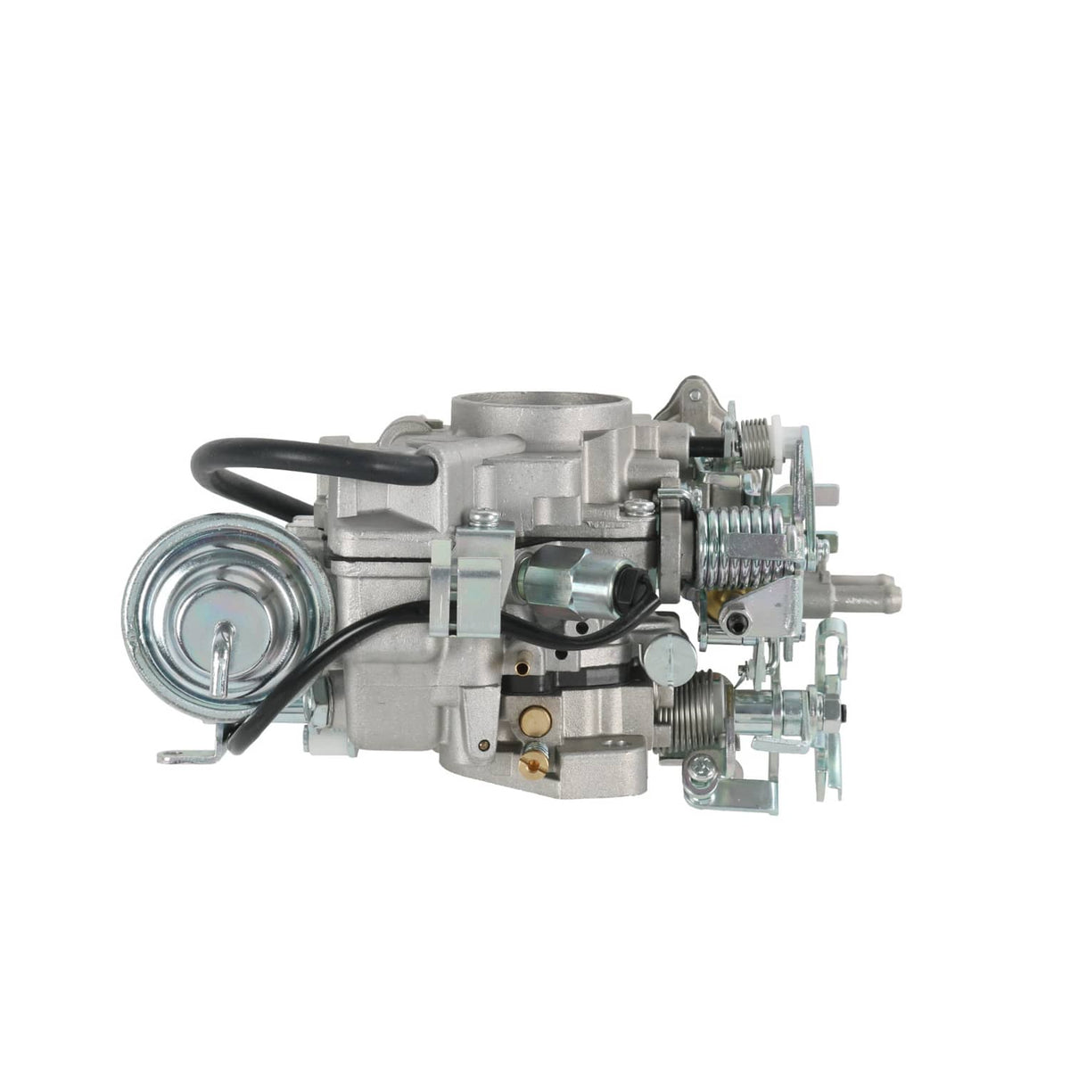 Carburetor flange assembly side view with black fuel line and metal linkage parts