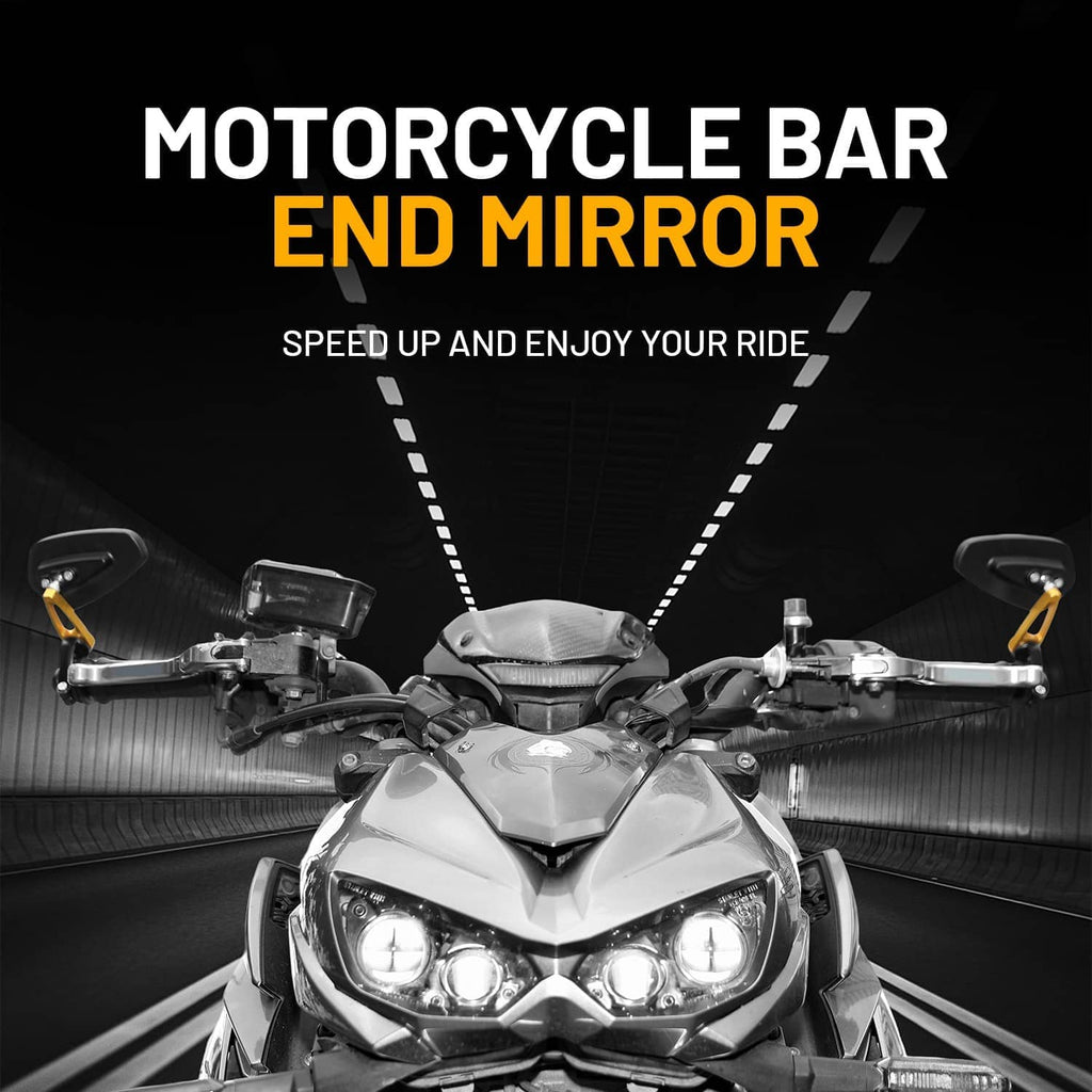Motorcycle bar end mirrors with blue lenses and black housings on handlebar
