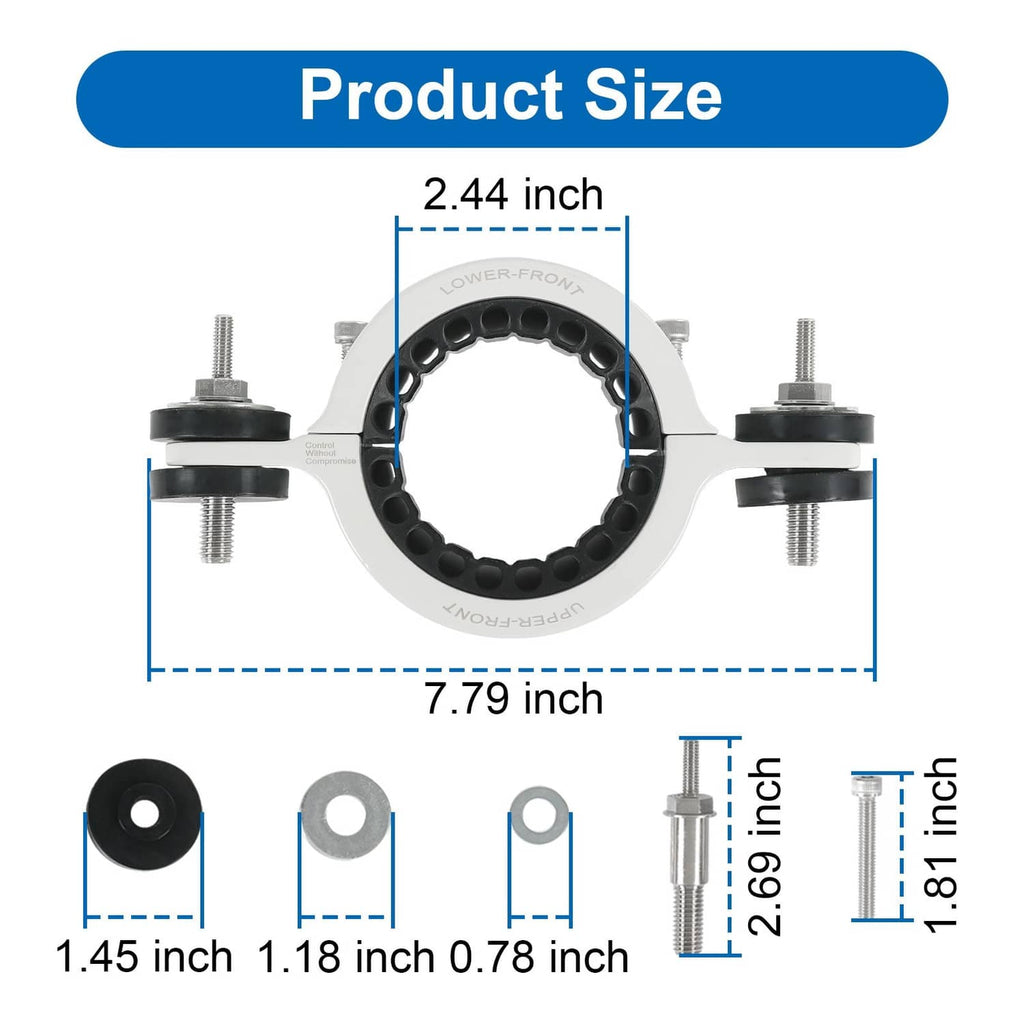 Driveshaft support bearing carrier with dimension markings and four mounting bolts, white/black