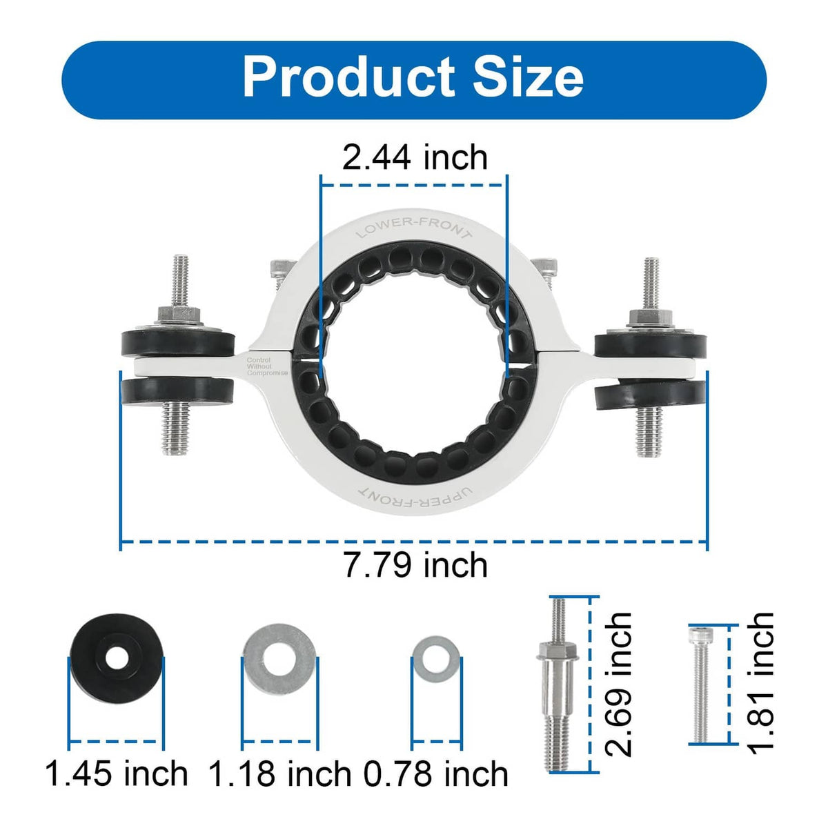 Driveshaft support bearing carrier with dimension markings and four mounting bolts, white/black