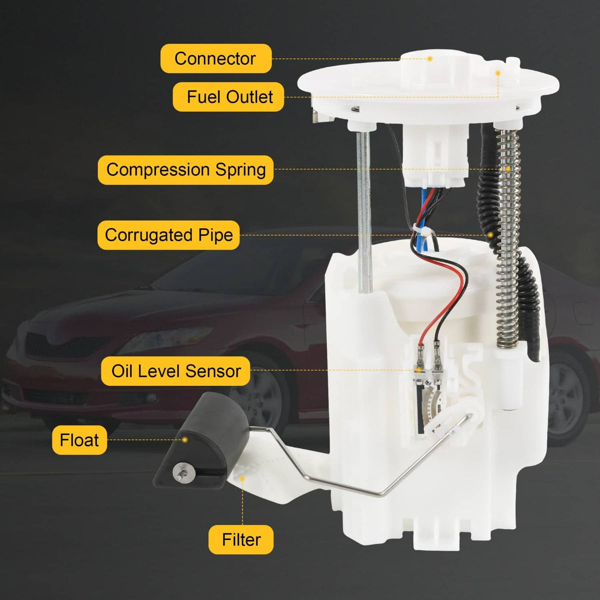 Fuel pump module with connector, fuel outlet, compression spring, corrugated pipe