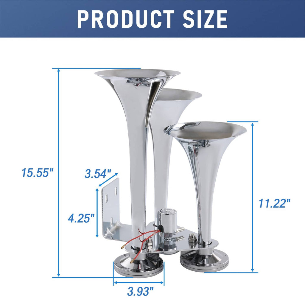 Triple trumpet air horn kit with product size dimension diagram and base