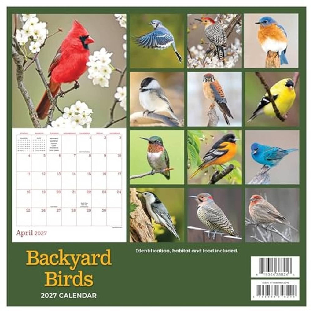 Backyard Birds 2027 mini calendar back page with bird photos, April 2027 grid