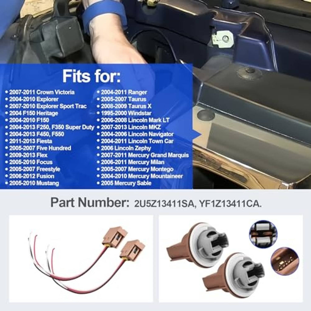 Turn signal socket and pigtail connectors with plug close-ups and part-number label.