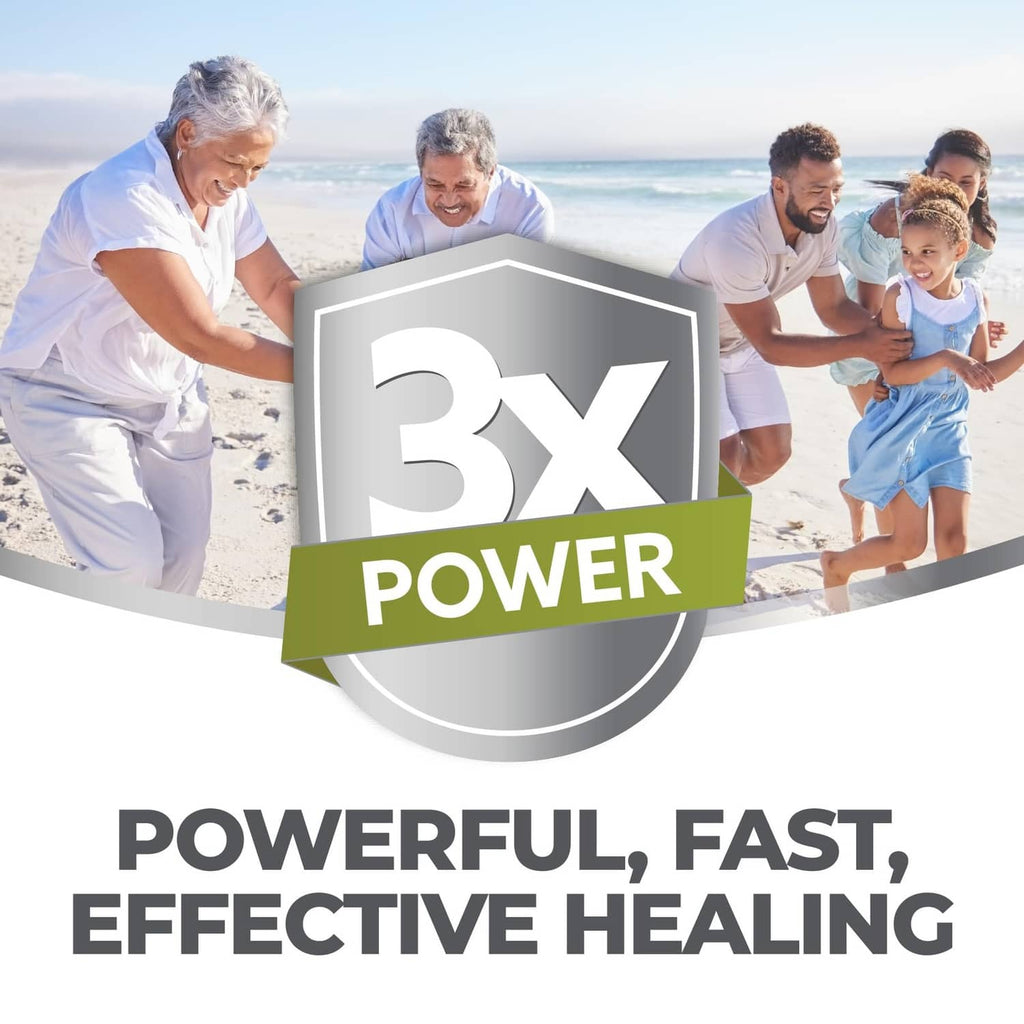 Healing claim graphic with family scene and 3X Power badge.