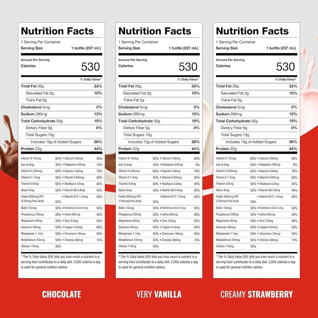 Nutrition Facts panel for BOOST drink: 530 calories, 26 vitamins & minerals