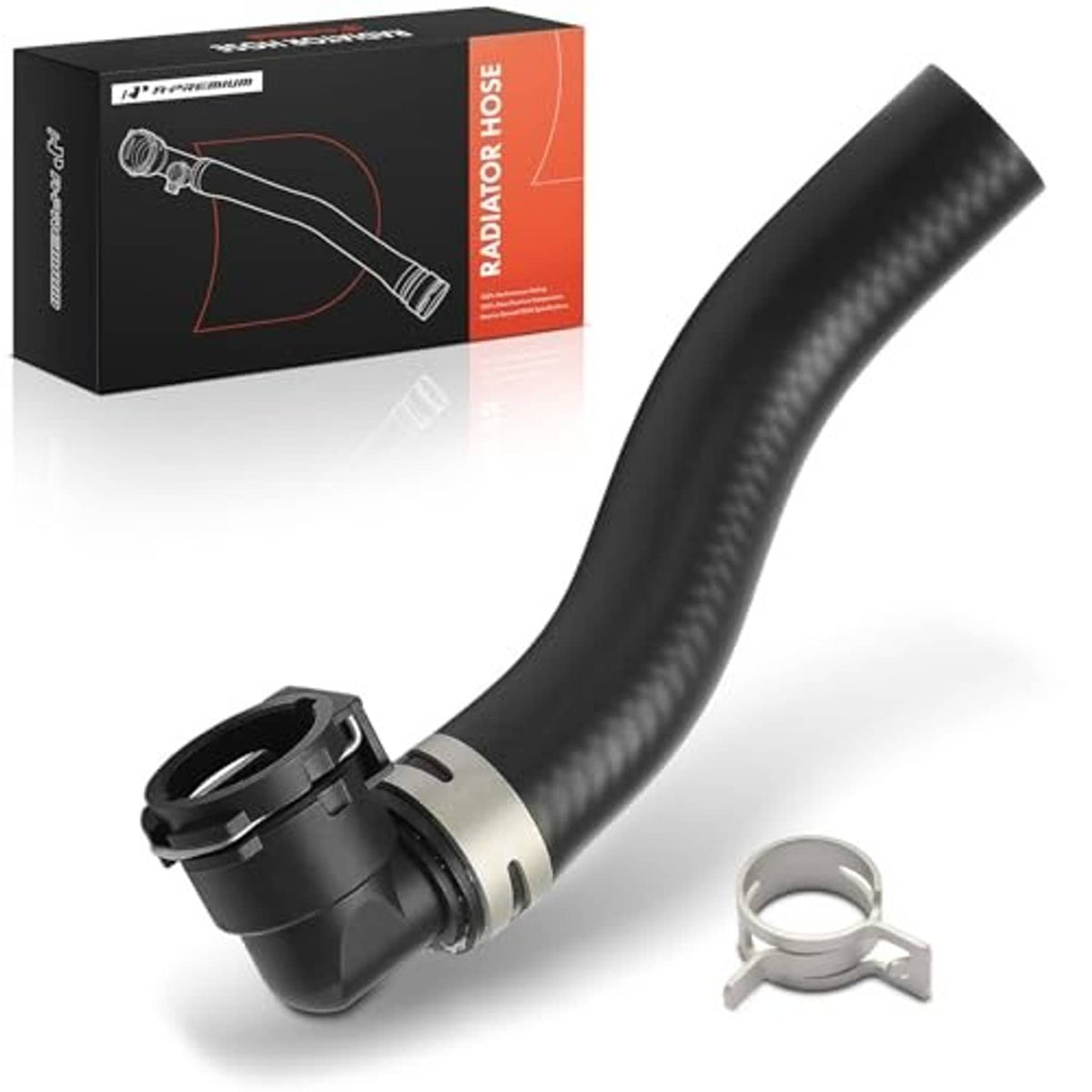 Black radiator coolant hose with ribbed texture, connector end, and metal clamp included