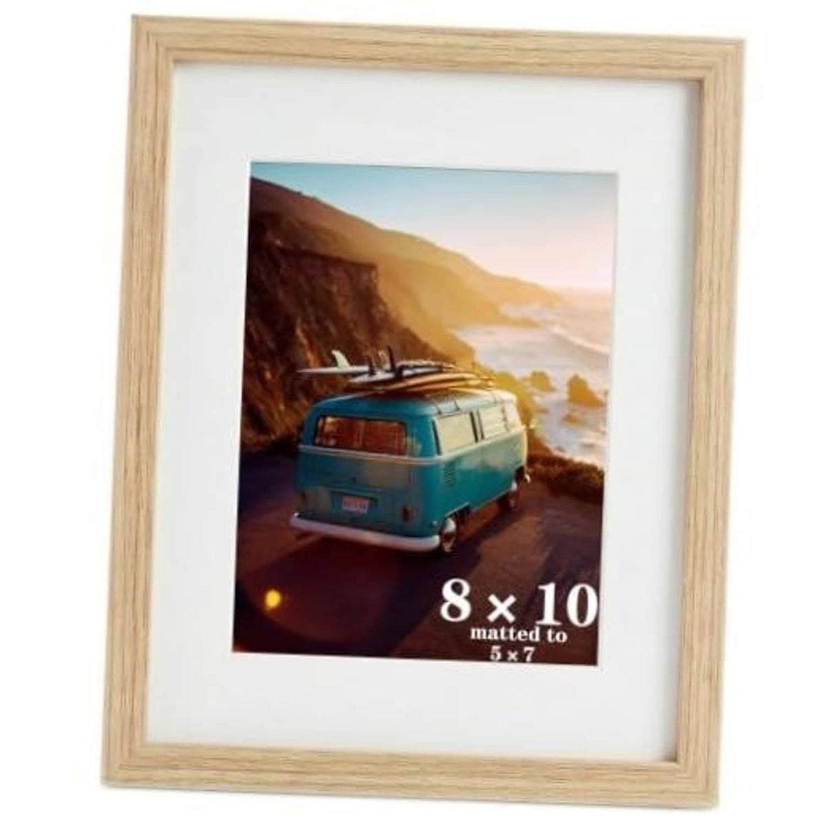 Oak wood 8x10 picture frame with white mat and clear HD plexiglass front.