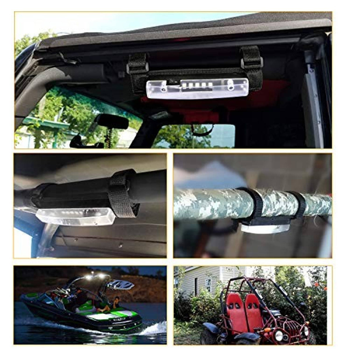 LED light bar mounted on vehicle roll bar with black straps and clear lens