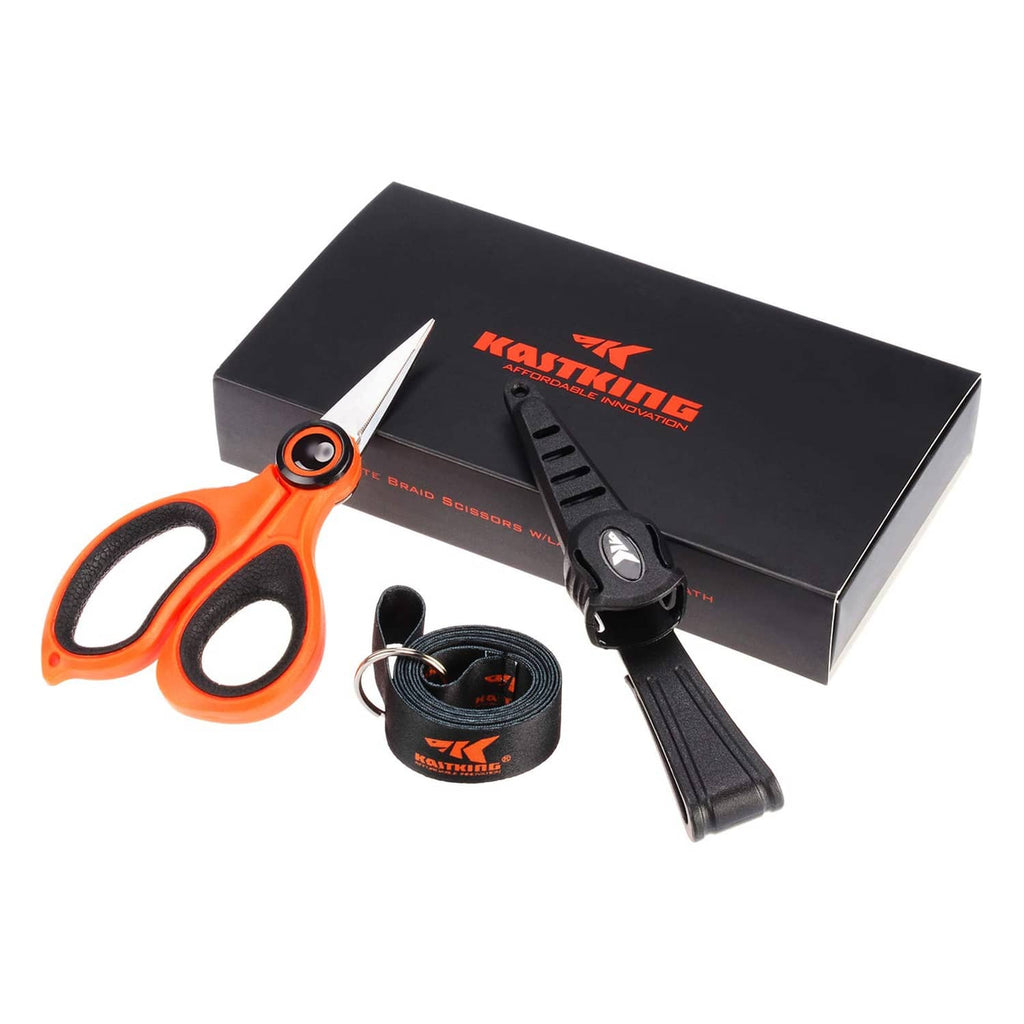 Fishing line scissors in orange and black with black sheath and strap, for braided line