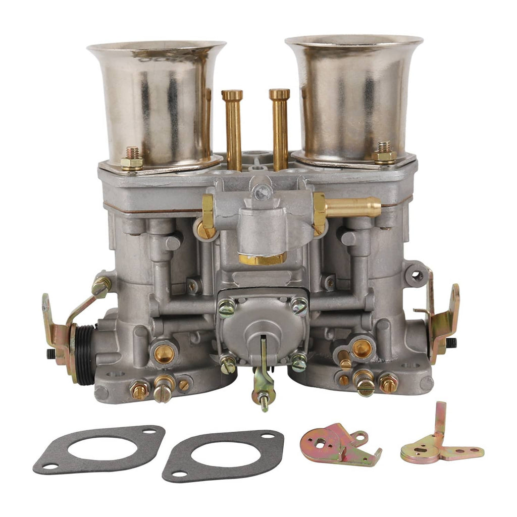 Two-barrel carburetor engine with twin chrome air intakes and gray aluminum body
