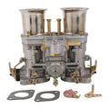 Two-barrel carburetor engine with twin chrome air intakes and gray aluminum body