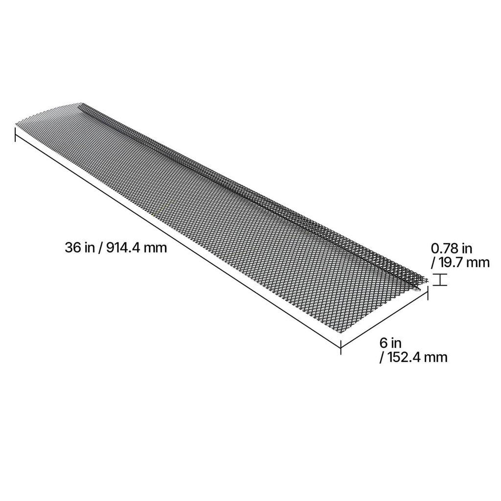 Black gutter guard mesh strip dimensions shown, 6 in wide and 36 in long