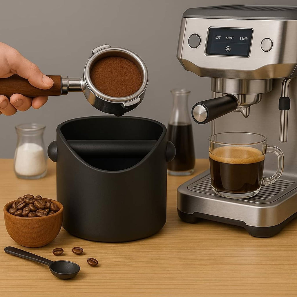 Black coffee knock box catching espresso grounds from a portafilter