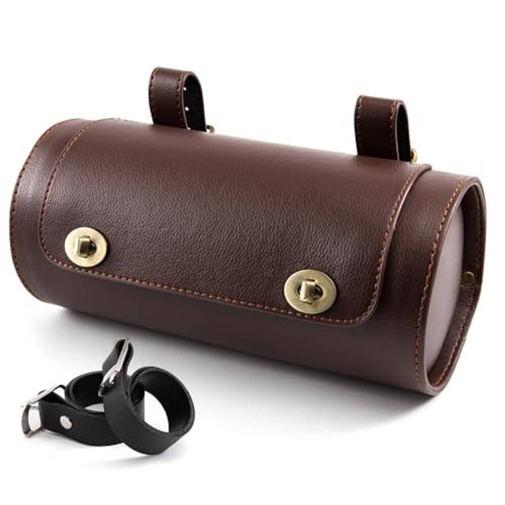 Brown motorcycle mini fork tool bag with hinged top and two carry straps