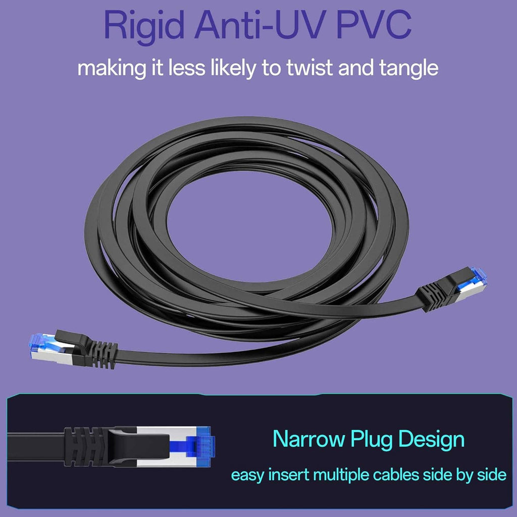Cat8 Ethernet cable bundle with RJ45 plugs; black cord with narrow plug design