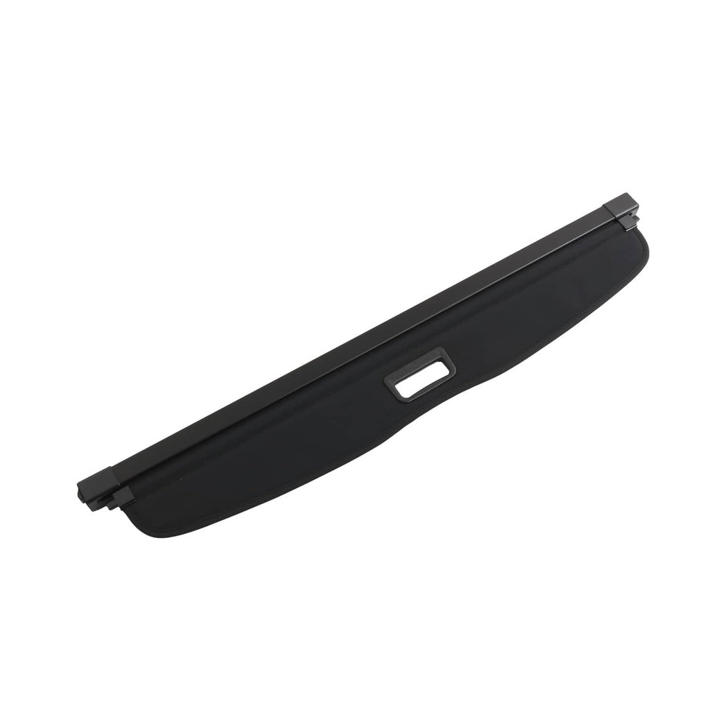 Black retractable trunk cargo cover shade rail with central rectangular access cutout