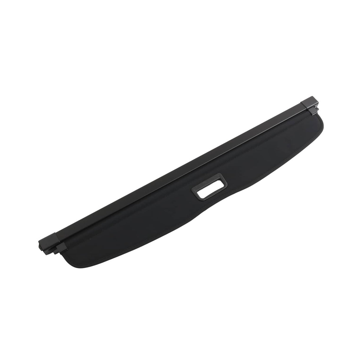 Black retractable trunk cargo cover shade rail with central rectangular access cutout