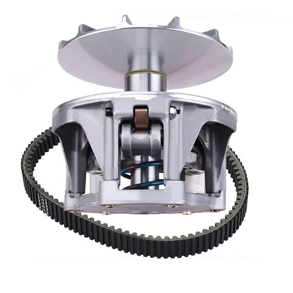 Clutch assembly top view with black toothed drive belt and silver housing.